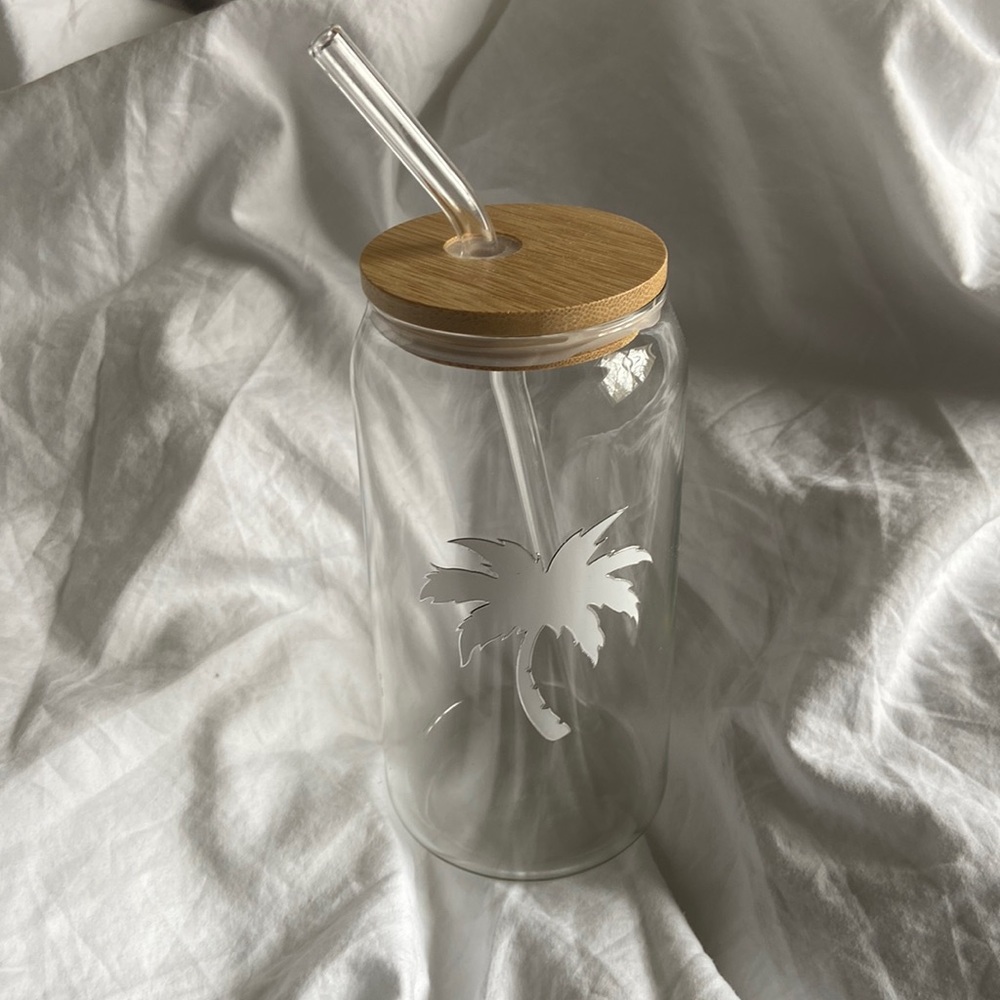 NWT Unisex Palm Tree Clear Drinking Glass Tumbler with Wooden Lid & Glass Straw